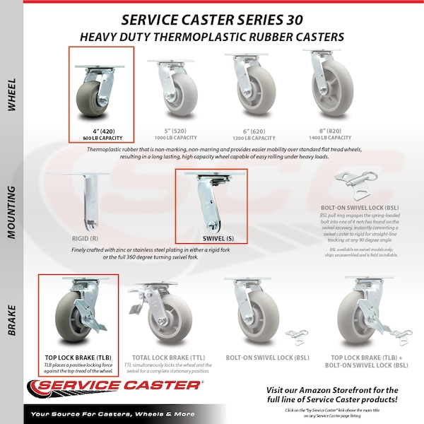 4 Inch SS Thermoplastic Rubber Swivel Caster Set with Roller Bearings and Brakes
